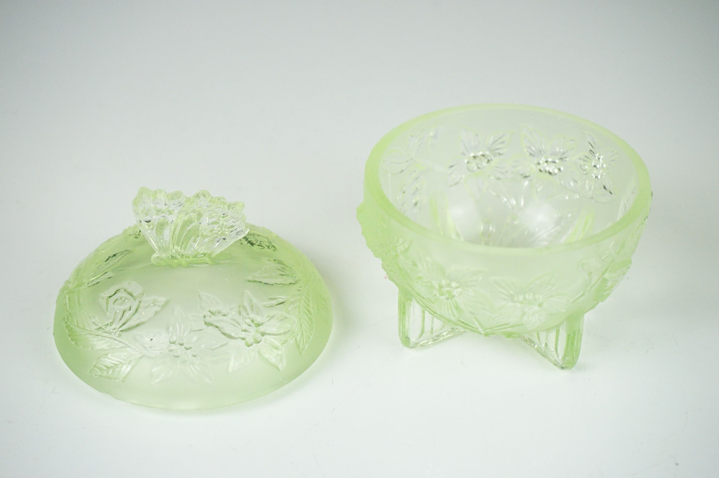 Art Deco Sowerby Green Uranium Glass ' Butterfly ' Dressing Table Set comprising tray, two - Image 6 of 13