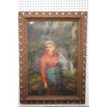 19th century oil painting on canvas of a young woman collecting water, in need of restoration