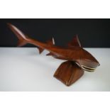 South American Hardwood Carved Model of a Shark with bone teeth raised on a Hardwood Plinth marked