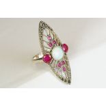 Silver Art Nouveau style ring set with marcasites & opal panel