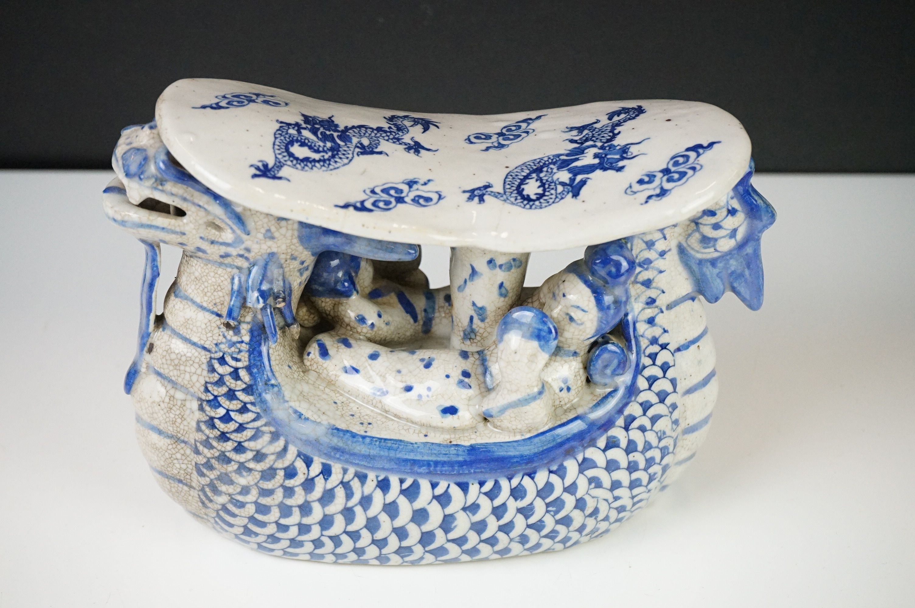 Chinese Blue and White Ceramic Head Rest in the form of a Dragon shaped Boat carrying figures, - Image 2 of 7