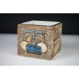 Troika Cube / Square Vase with incised decoration by Sue Lowe in blue, white, green and brown tones,