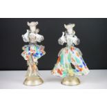 Pair of Italian Murano Glass Figures of a Man and a Woman, both wearing speckled coloured outfits,