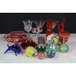 Collection of 20th century Coloured Glassware including Six Paperweights, Whitefriars style Orange