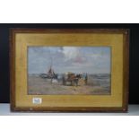 Gilt framed impressionist oil painting, coastal scene of fisherfolk, with horse and cart, bringing
