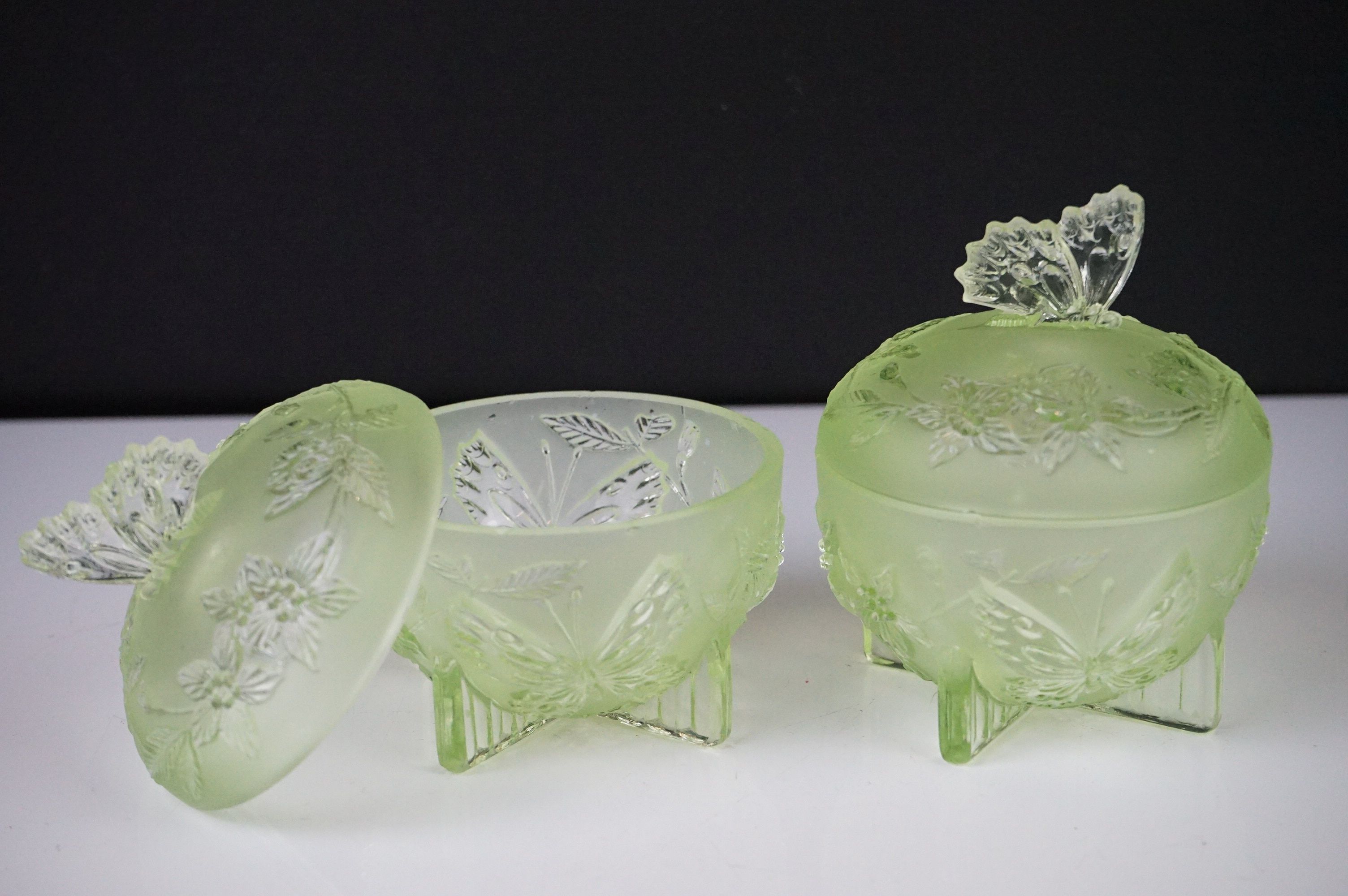 Art Deco Sowerby Green Uranium Glass ' Butterfly ' Dressing Table Set comprising tray, two - Image 13 of 13