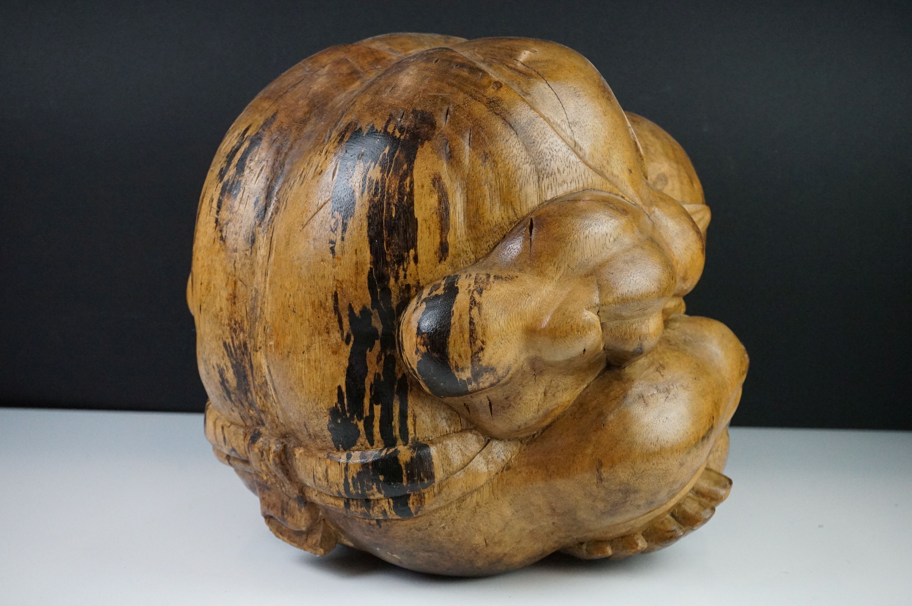 Carved Wooden Sculpture of a Seated Man with his head in his lap, 30cm high x 31cm wide - Image 4 of 8