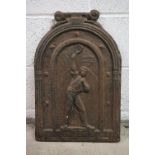 Cast Iron Fire Back with relief decoration of an Early 20th century Tennis Player, 57cm high