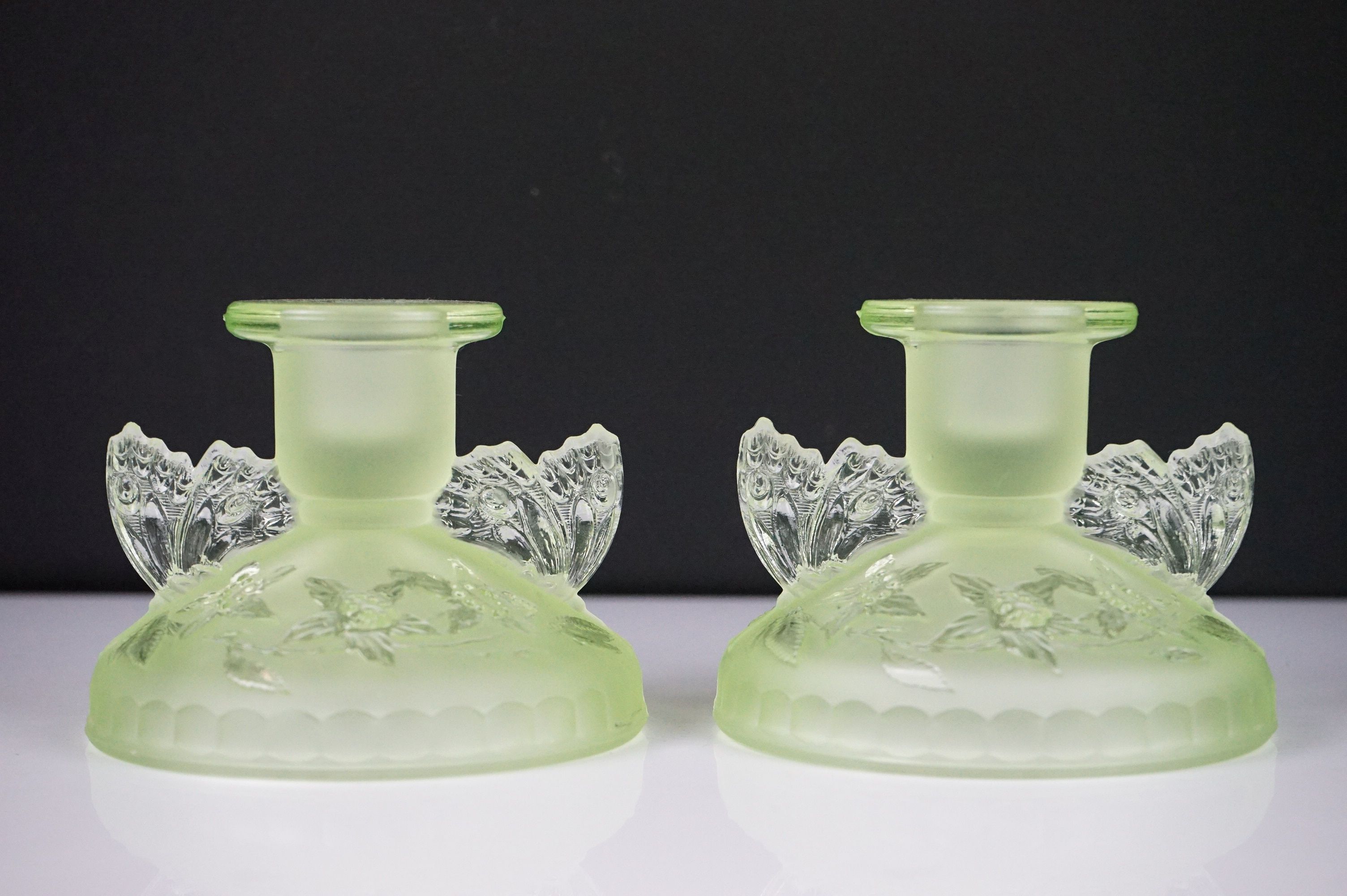 Art Deco Sowerby Green Uranium Glass ' Butterfly ' Dressing Table Set comprising tray, two - Image 8 of 13