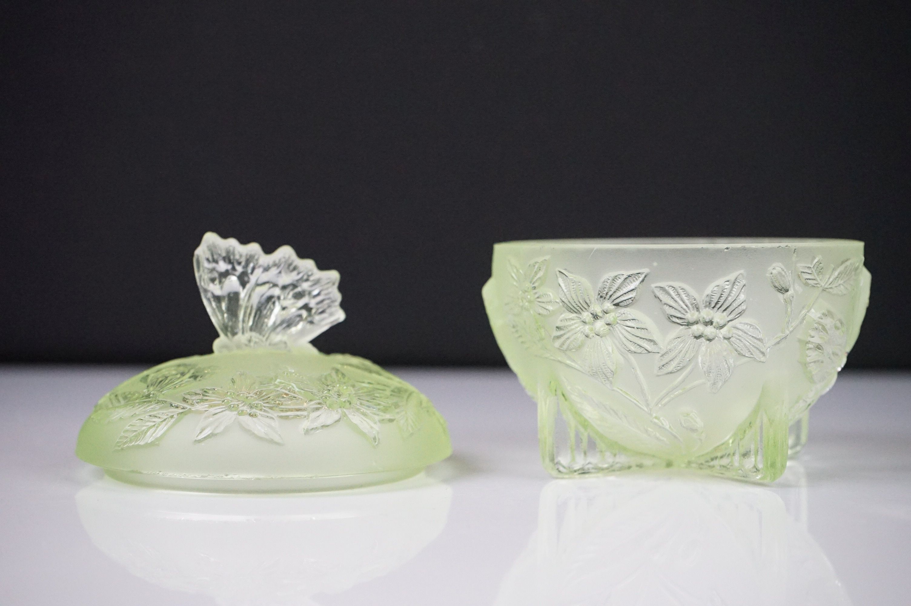 Art Deco Sowerby Green Uranium Glass ' Butterfly ' Dressing Table Set comprising tray, two - Image 7 of 13
