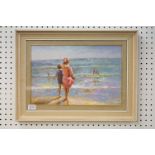 Framed oil painting of an impressionist beach scene with children ' Seagazing '