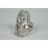 Silver and CZ double snake head ring with ruby eyes
