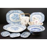 Set of Three 19th century ' Mason's ' Stoneware Blue and White Graduating Meat Plates decorated in