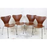 Arne Jacobsen design for Fritz Hansen, Set of Four Danish Stacking Series 7 Chairs, plywood veneer