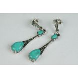 Pair of silver, marcasite & turquoise Art Deco style drop earrings