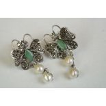 Pair of silver, marcasite and emerald bodied butterfly earrings