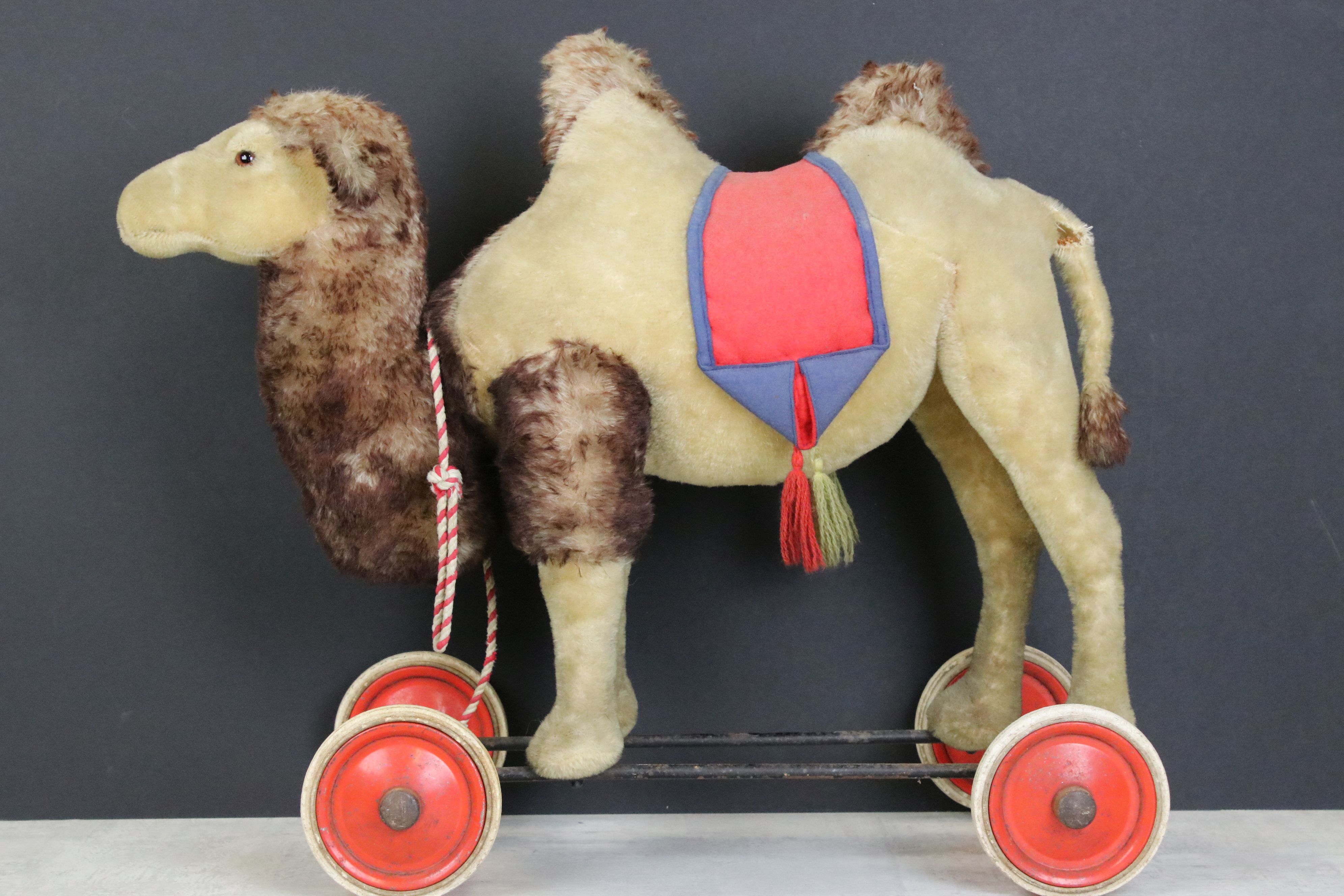 Early to Mid 20th century Steiff mohair camel on wheels, straw filled, glass eyes, standing on a