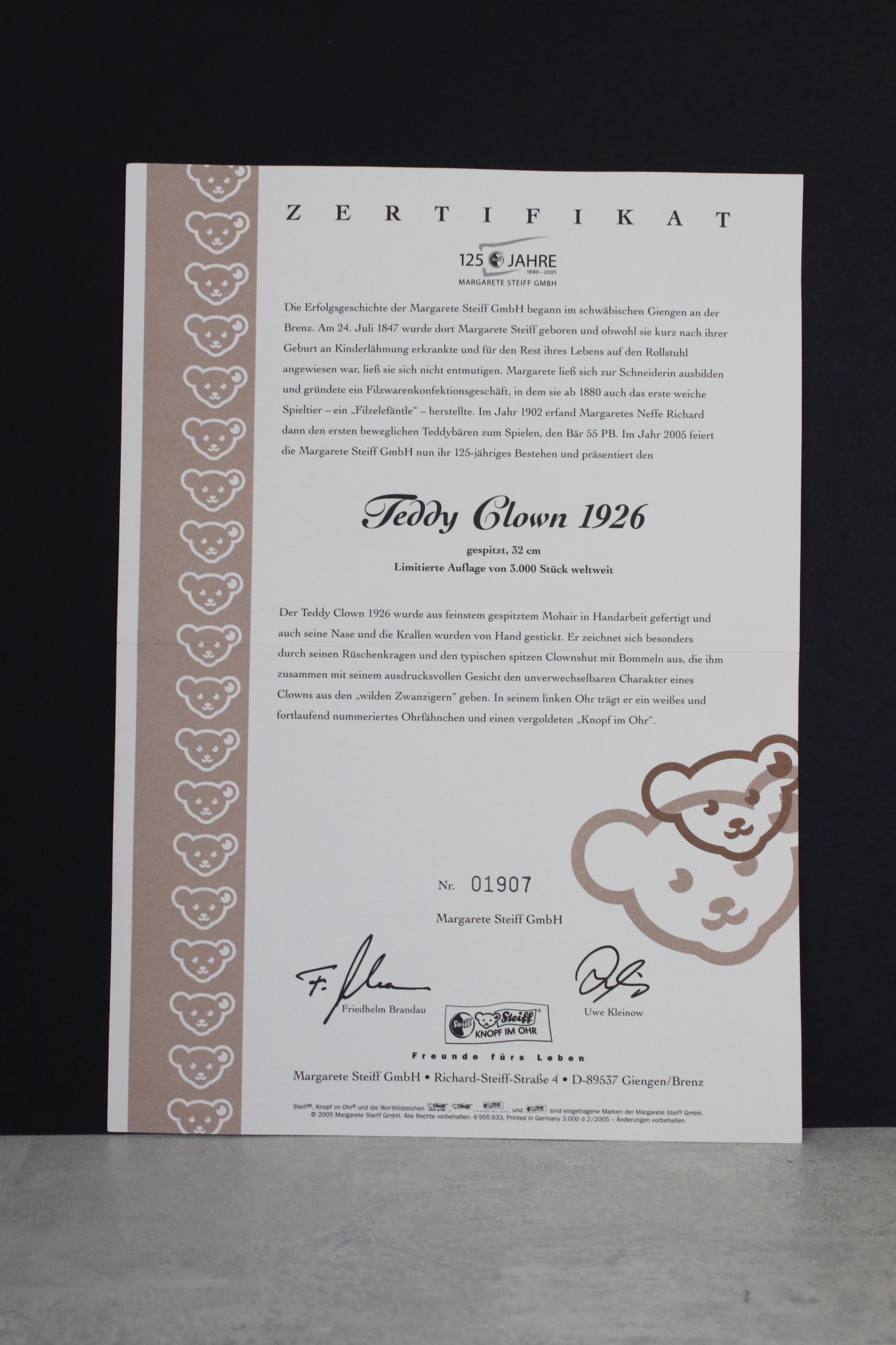 Boxed Steiff limited edition Bear, 404214 Teddy Clown 1926 Replica, certificate no. 01907, ex - Image 4 of 4