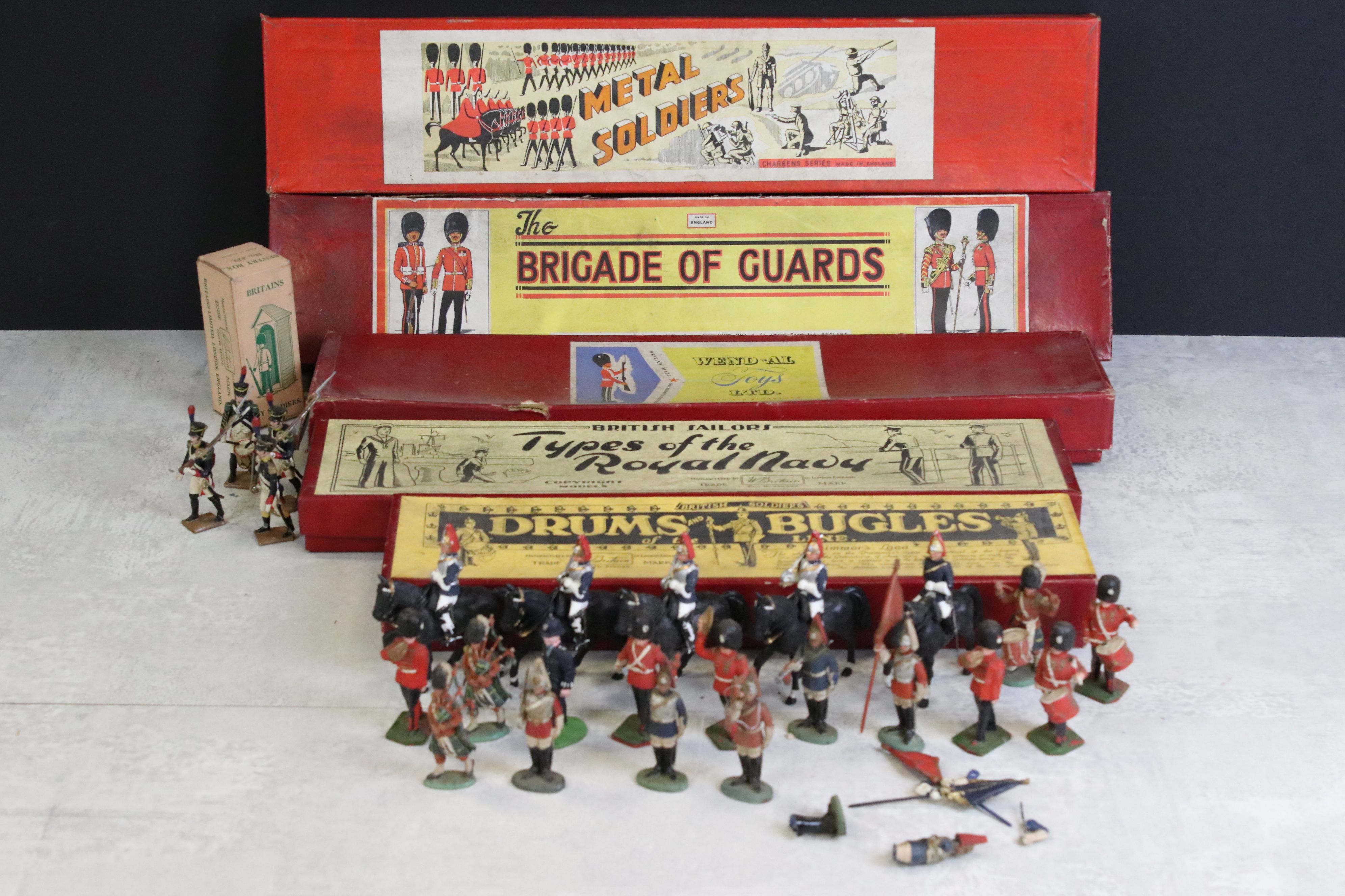 Five Boxed Mid 20th C onwards metal soldier figure sets to include Britains Drums & Bugles of the