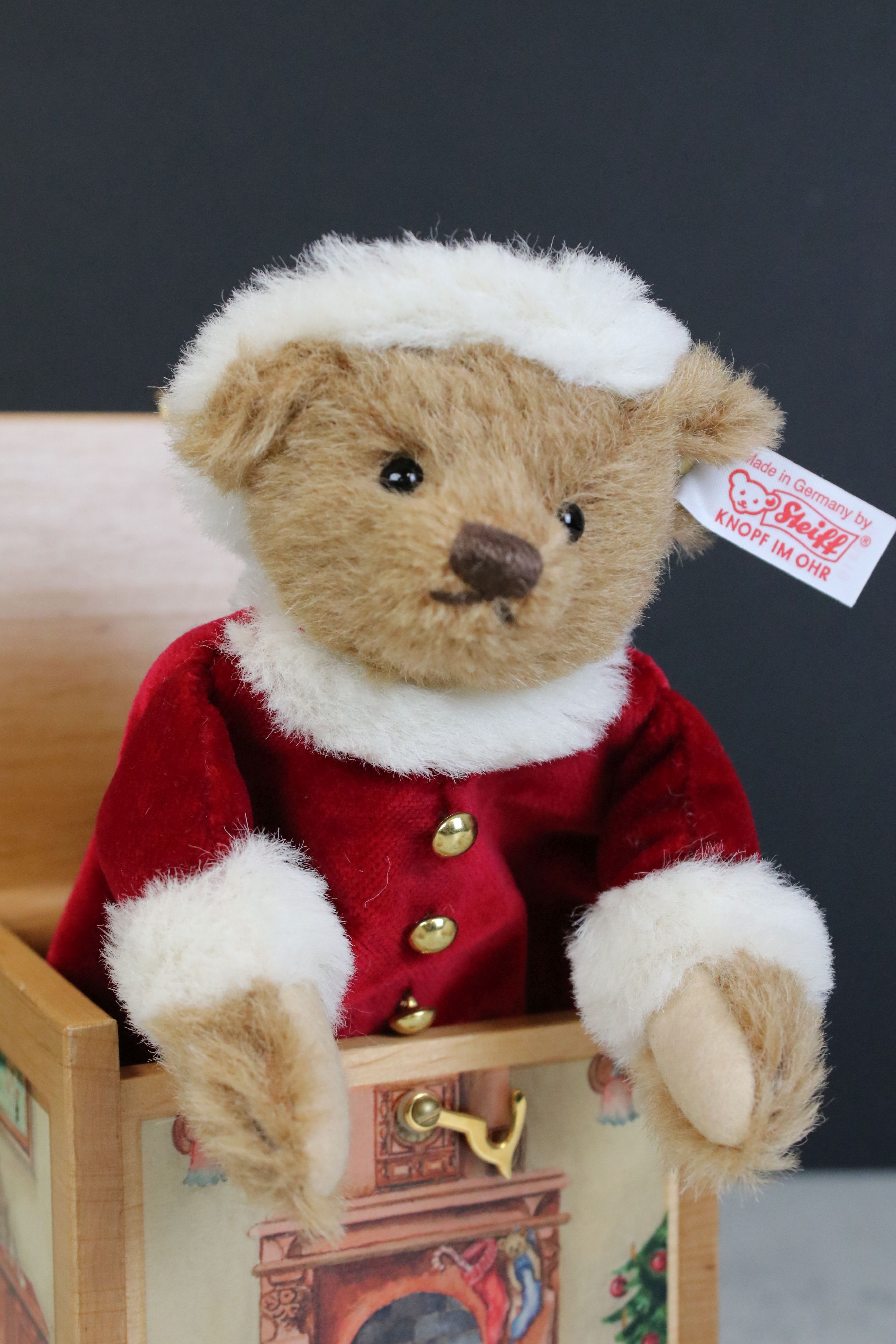 Steiff ' Santa in the Box ' teddy bear soft toy, button & tag to ear, made of alpaca, and wearing - Image 6 of 7