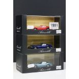 Three Boxed Automodello 1:43 1964 Marcos 1800 ltd edn models to include Tribute Edition Royal Blue