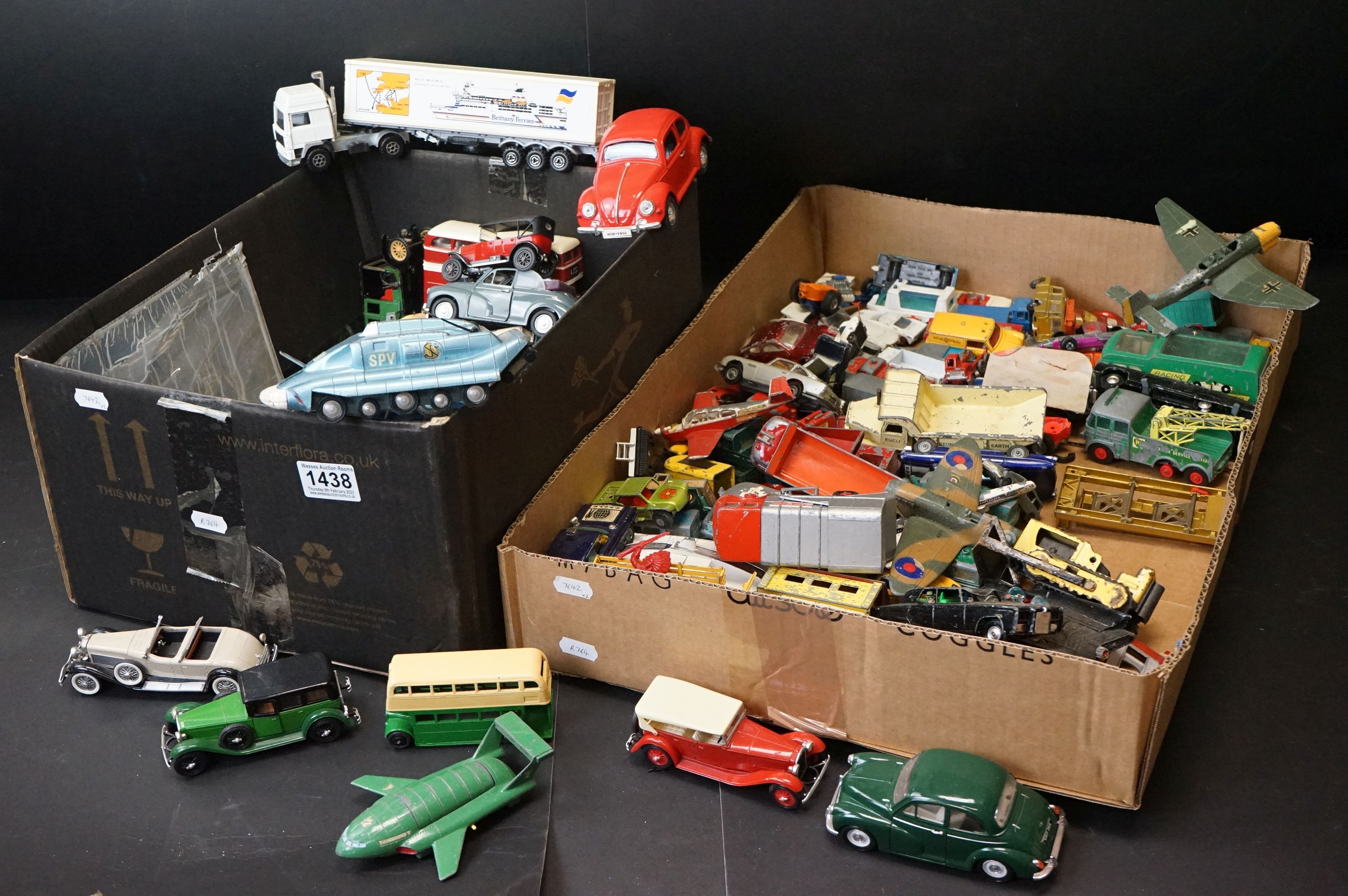 Around 80 Mid 20th C onwards play worn diecast models to include Dinky, Corgi, Matchbox and Rio,