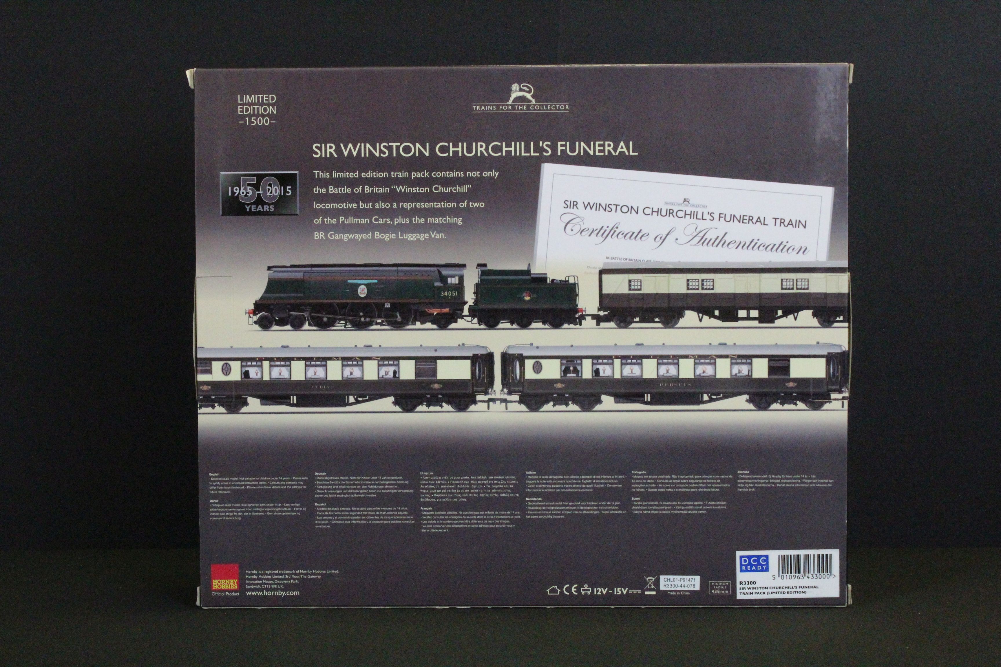 Boxed ltd edn Hornby R3300 Sir Winston Churchill's Funeral Train Pack, completye with certificate - Image 2 of 6