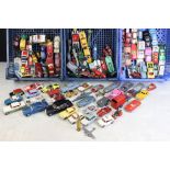 Over 110 Play worn diecast models, mainly mid 20th C, to include Dinky, Corgi, Matchbox and Crescent