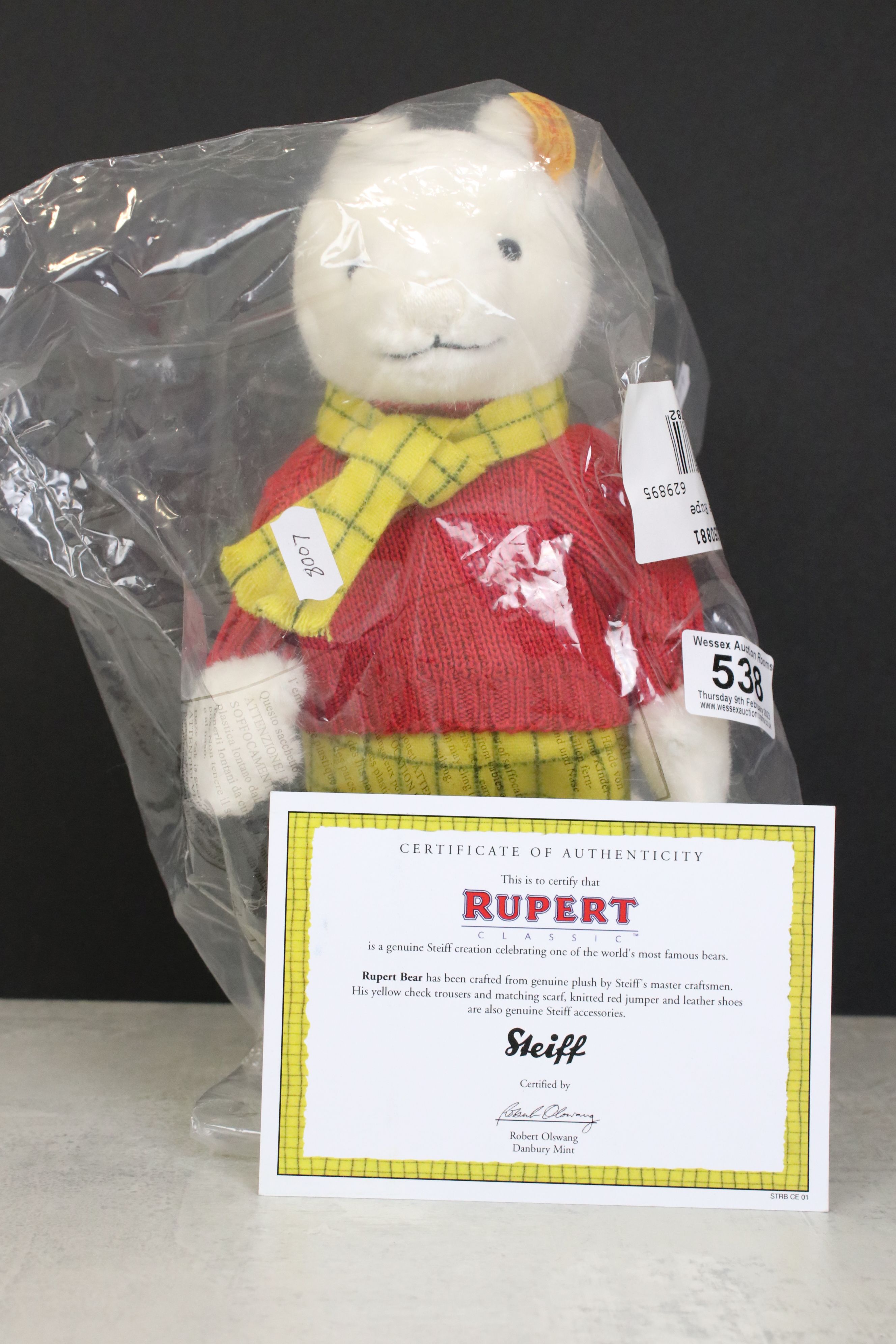 Steiff - Rupert Bear 662782 250881, 28cm tall, in original sealed plastic packaging, with tag and