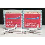 Two boxed Dinky 60F Caravelle Jet SE 210 diecast model planes to include SAS & Royal Air Maroc, vg