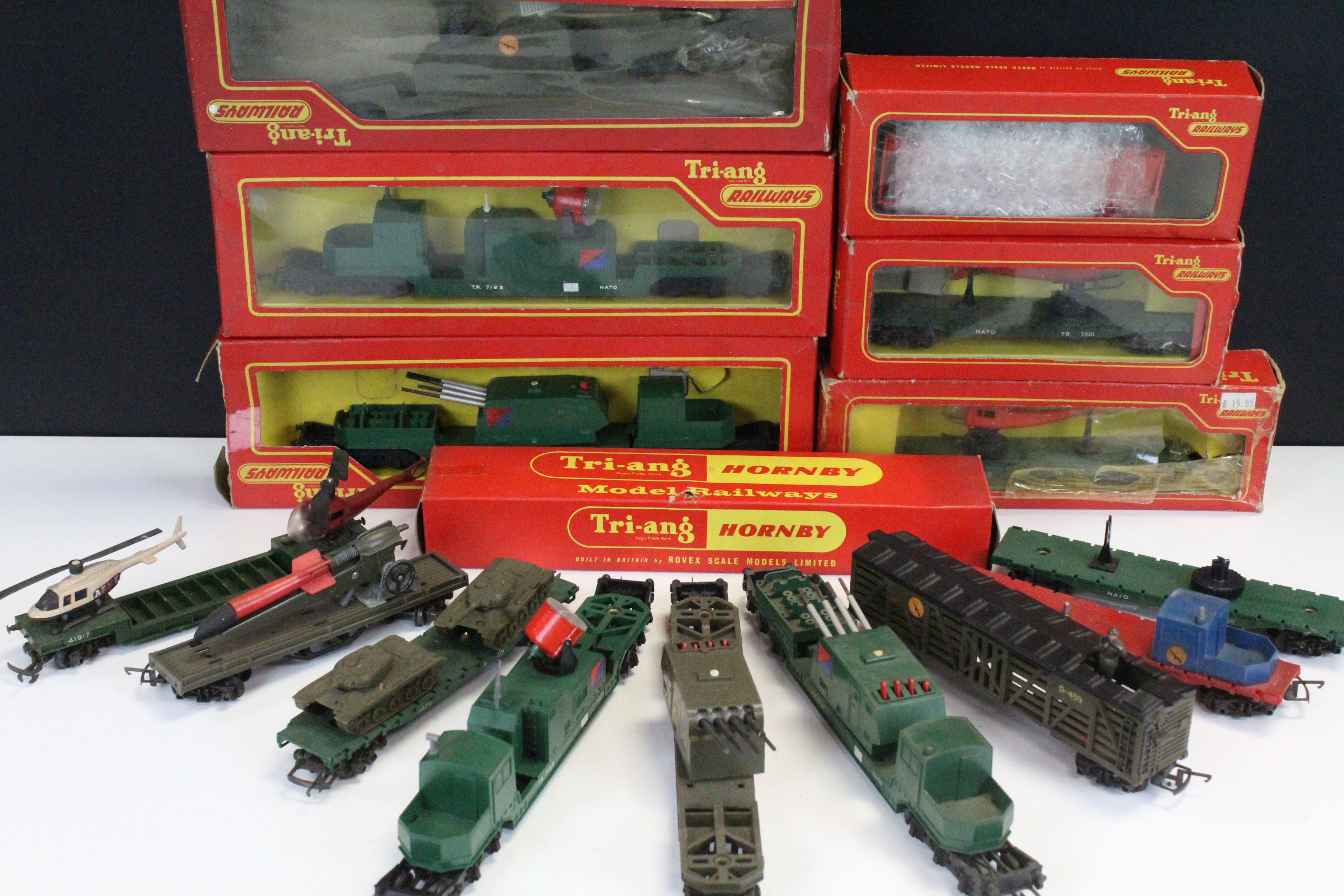 Seven boxed Triang OO gauge items of 'battle space' rolling stock to include R249 Exploding Car,