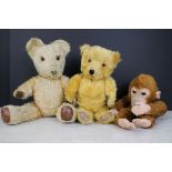 Two well loved teddy bears, without marks/removed tag, plus a straw filled Monkey soft toy with