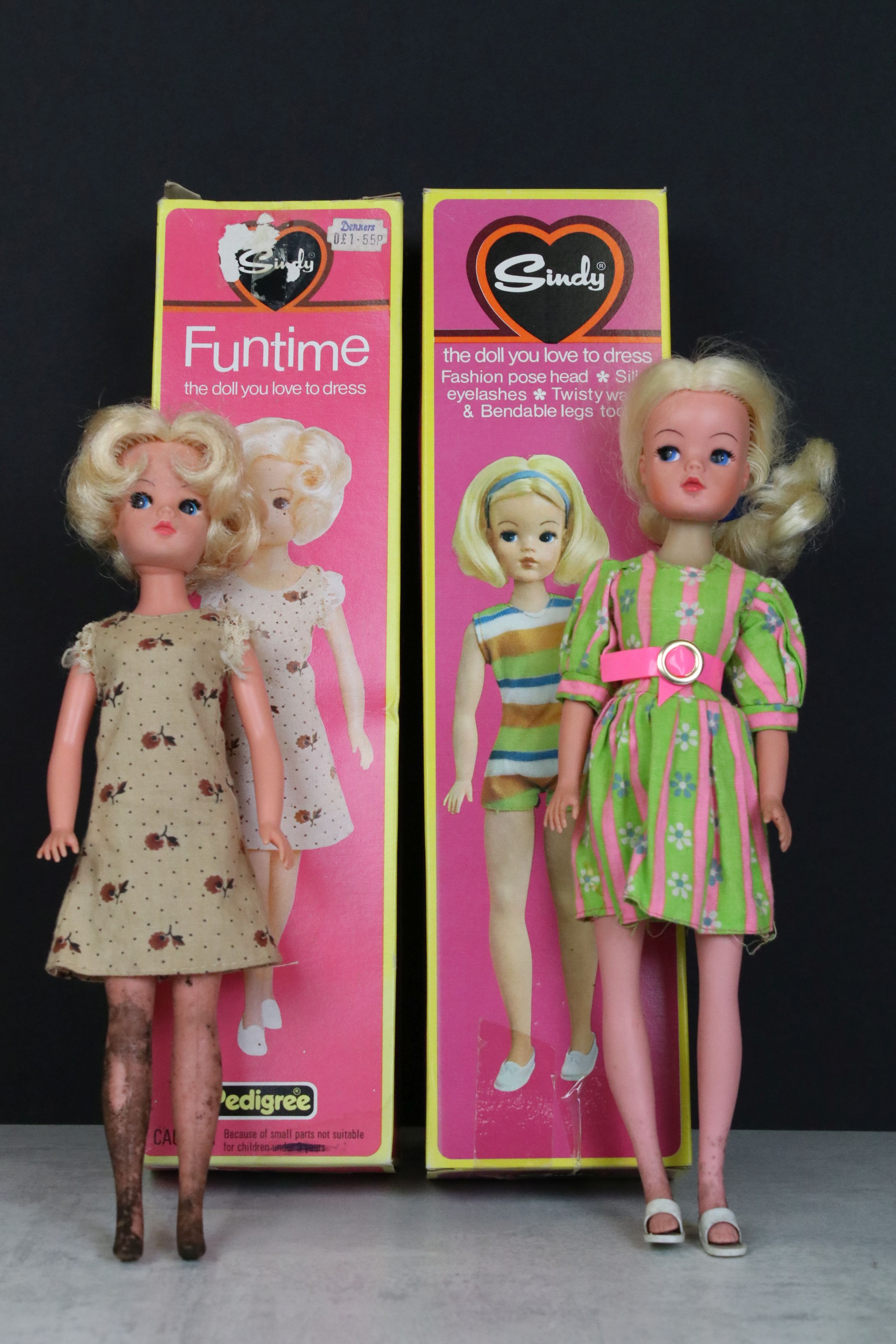 Two boxed Pedigree Sindy dolls to include Funtime 44618 (original dress, grubby/mouldy legs but does