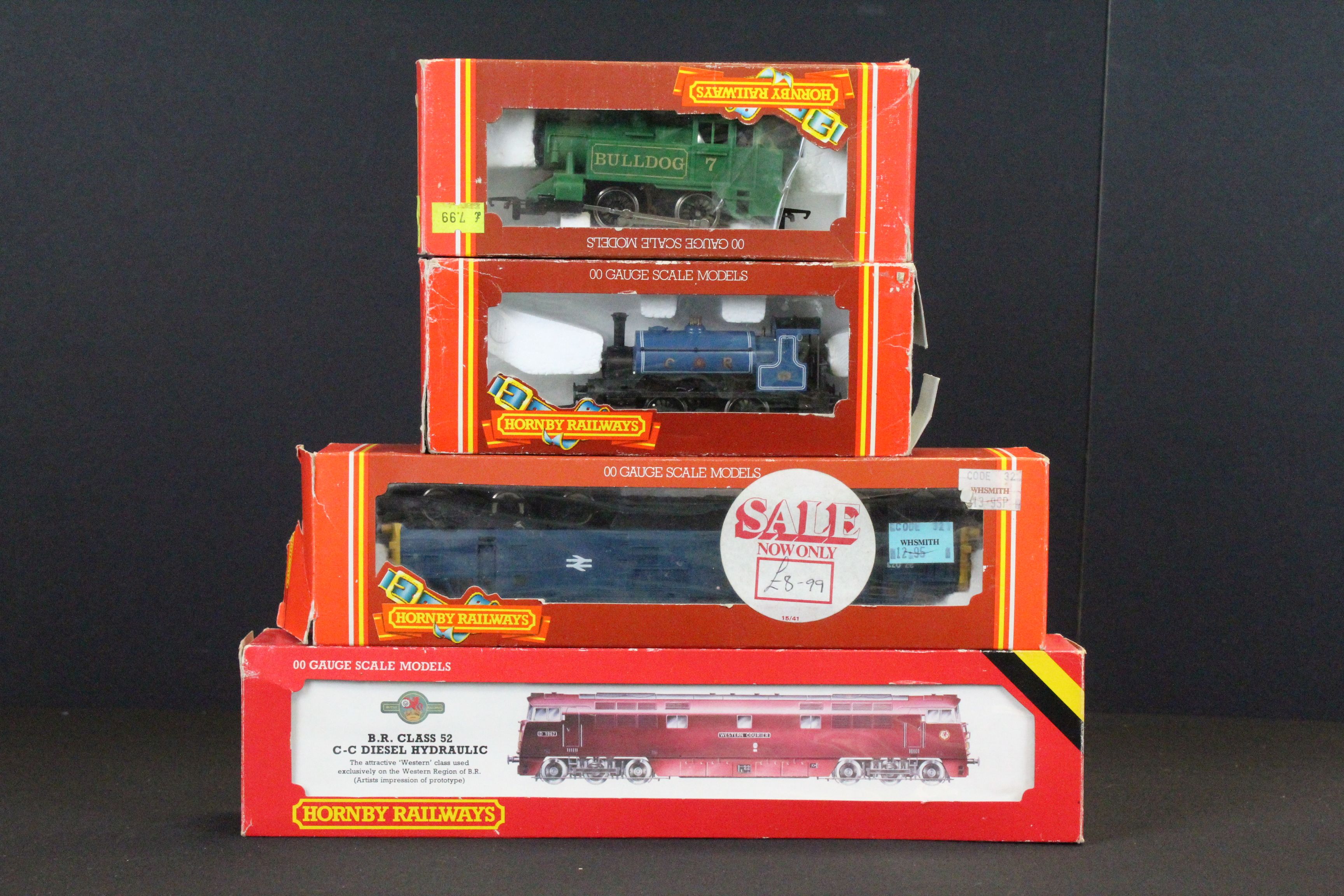 Four boxed Hornby OO gauge locomotives to include R369 BR Class 37 Diesel Blue Livery, R256 0-4-0