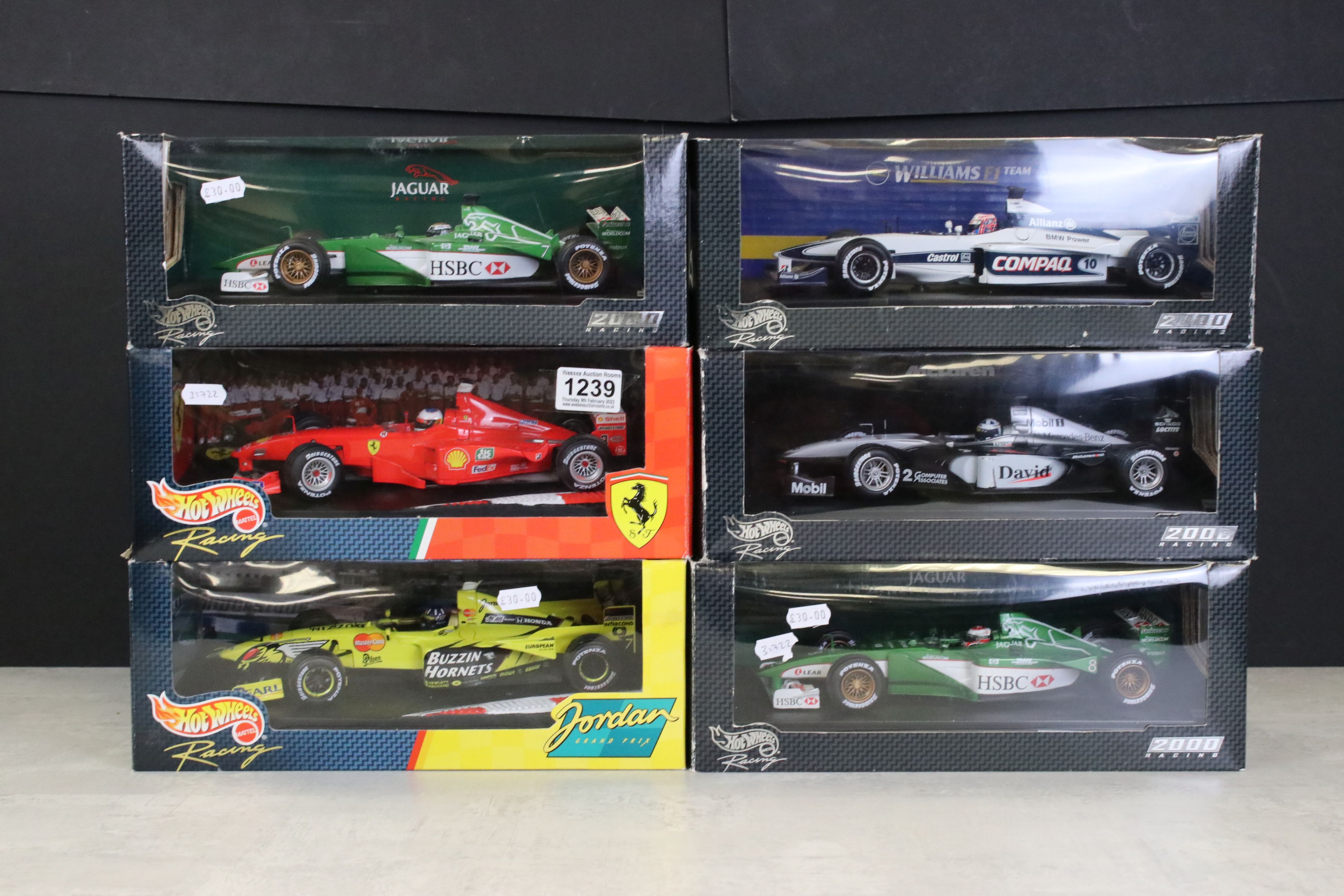 Six boxed Mattel Hot Wheels 1/18 F1 diecast models to include Jordan 199 Damon Hill, Michael