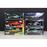 Six boxed Mattel Hot Wheels 1/18 F1 diecast models to include Jordan 199 Damon Hill, Michael