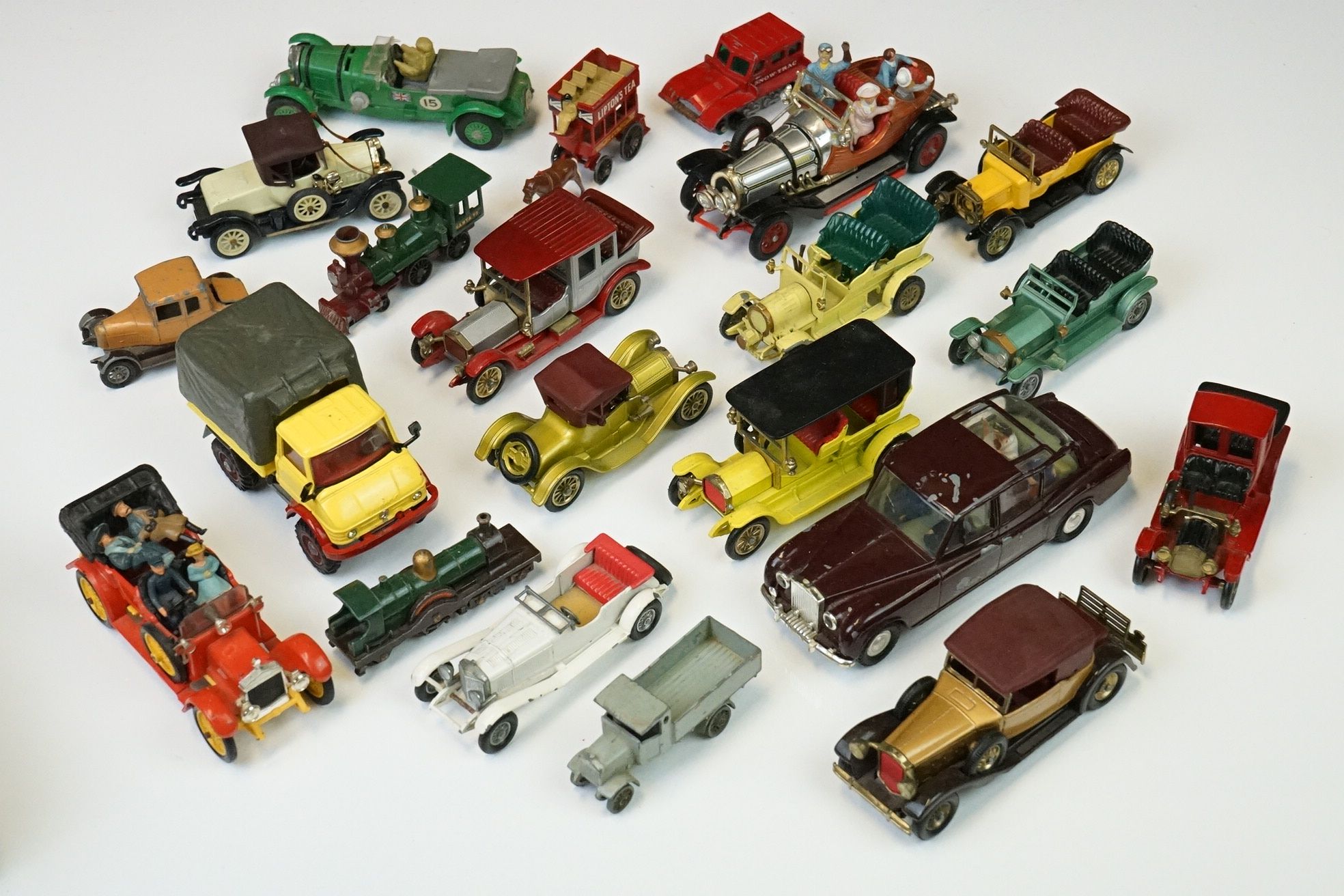 20 Mid 20th C play worn diecast models to include Triang Spot On Royal Rolls Royce, Corgi Chitty