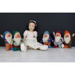 Chad Valley Snow White and five dwarves pressed felt dolls with painted faces, three dwarves missing