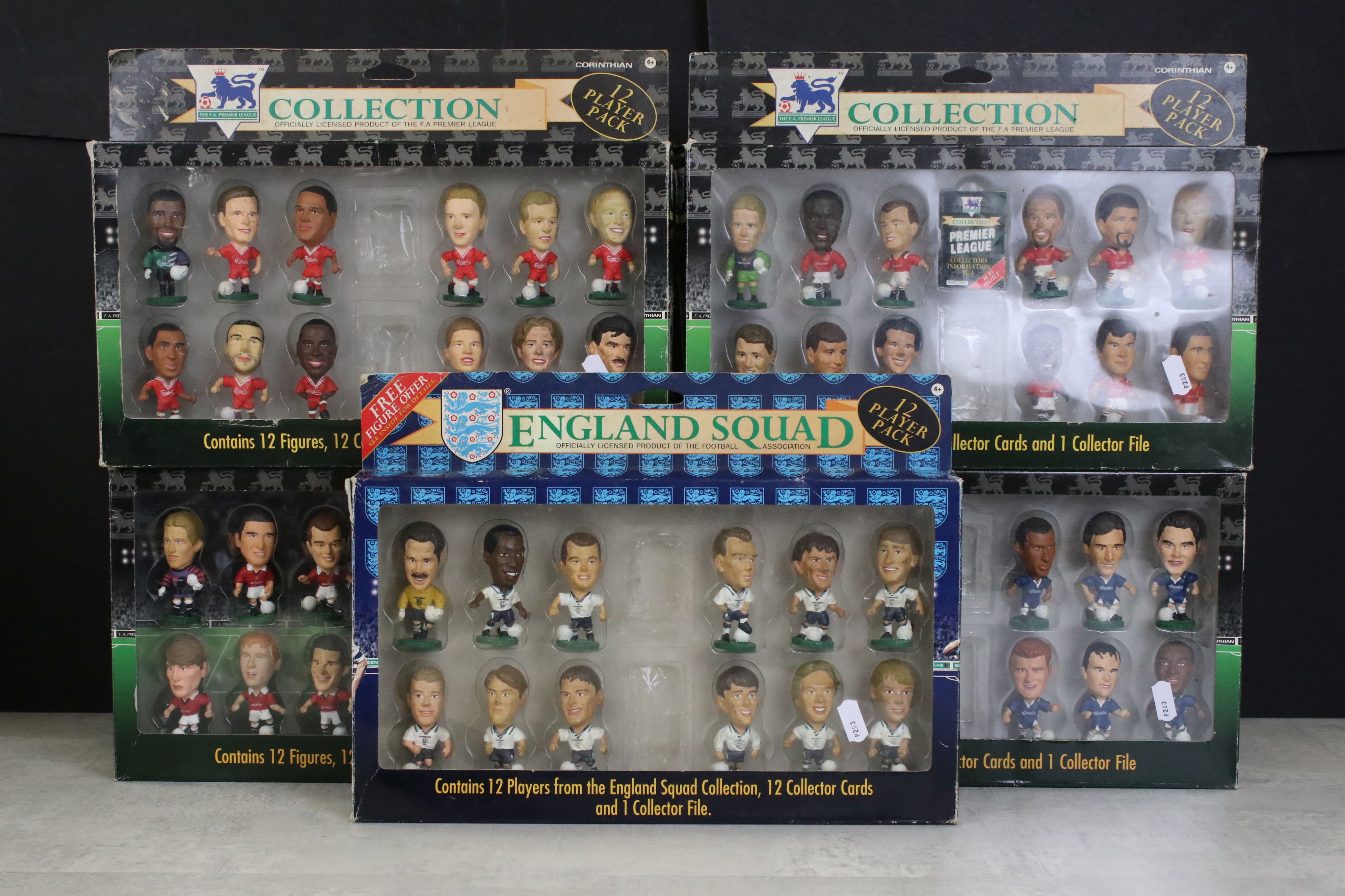 Five Boxed Corinthian football figure 12 player packs to include 4 x Premier League (LV12P