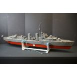 Wooden scale model of British Destroyer HMS Cossack L 03, on display plinth, approx. length 143cm