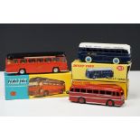 Three boxed diecast model coaches to include 2 x Dinky (282 Duple Roadmaster Coach & 283 BOAC