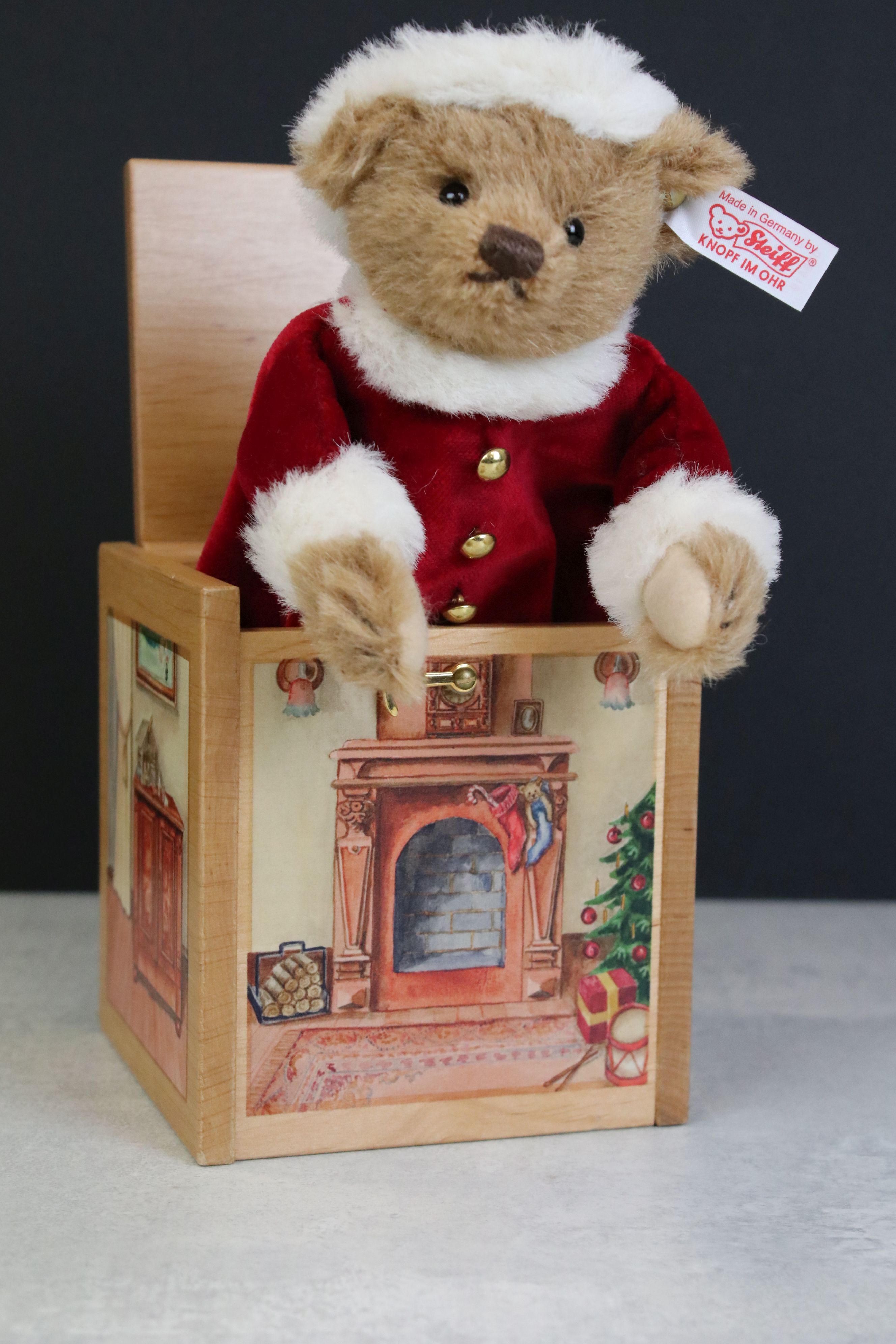 Steiff ' Santa in the Box ' teddy bear soft toy, button & tag to ear, made of alpaca, and wearing