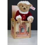 Steiff ' Santa in the Box ' teddy bear soft toy, button & tag to ear, made of alpaca, and wearing