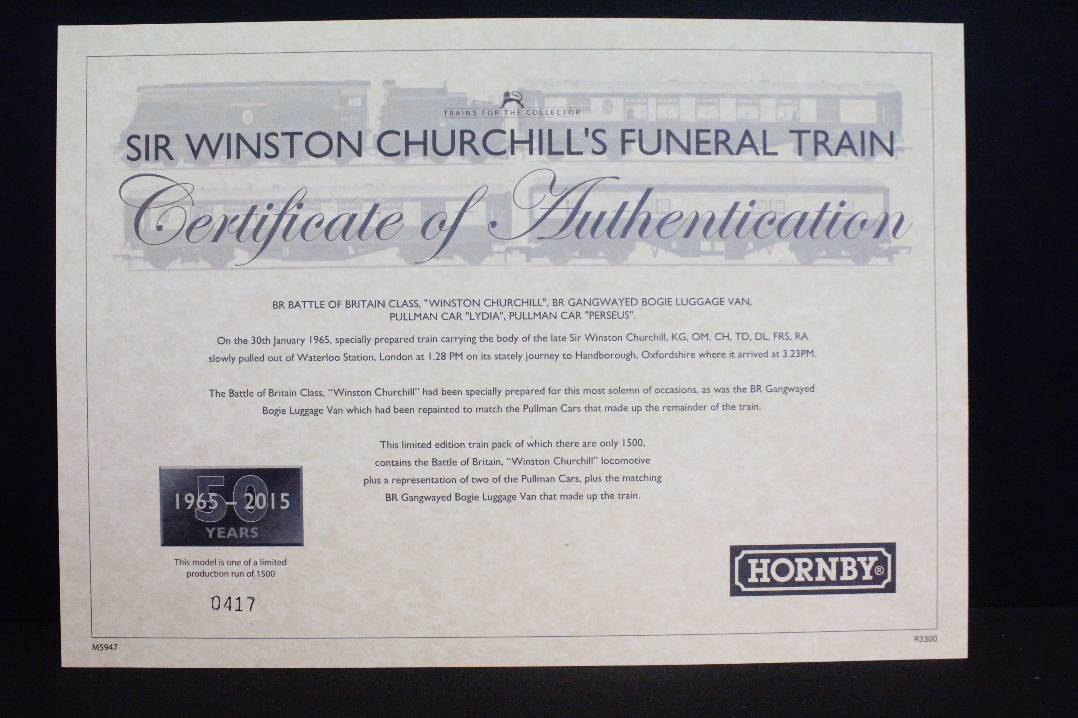 Boxed ltd edn Hornby R3300 Sir Winston Churchill's Funeral Train Pack, completye with certificate - Image 5 of 6