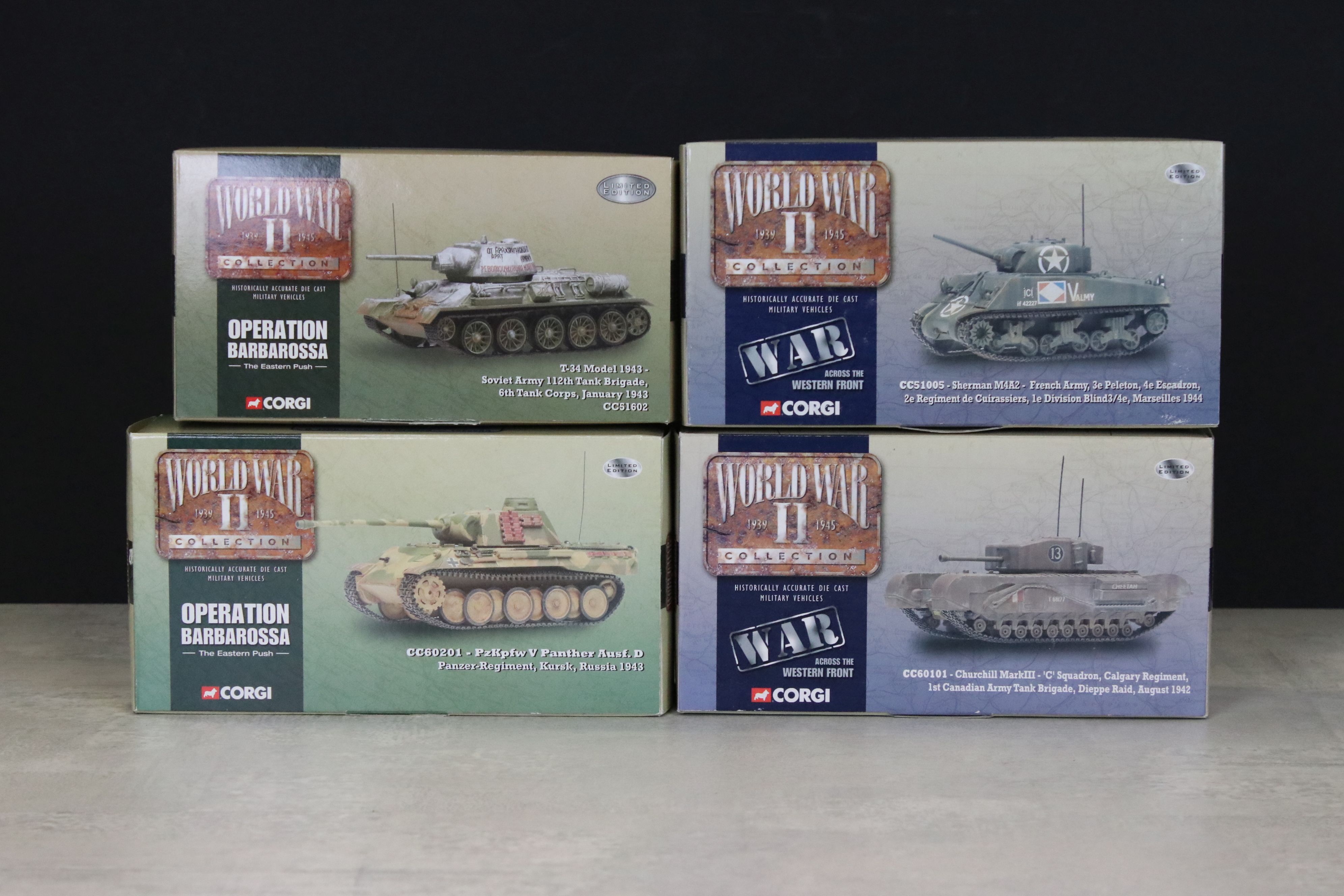 Four Boxed Corgi World War II Collection 1:50 ltd edn diecast models to include 2 x War Across the