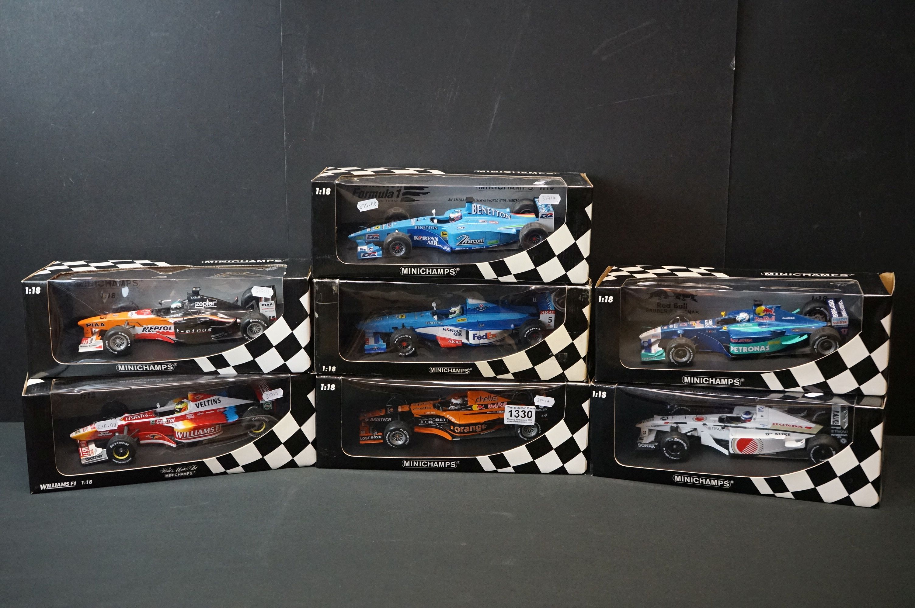 Seven boxed 1/18 Paul/s Model Art Minichamps F1 diecast models to include Red Bull Sauber Petronas