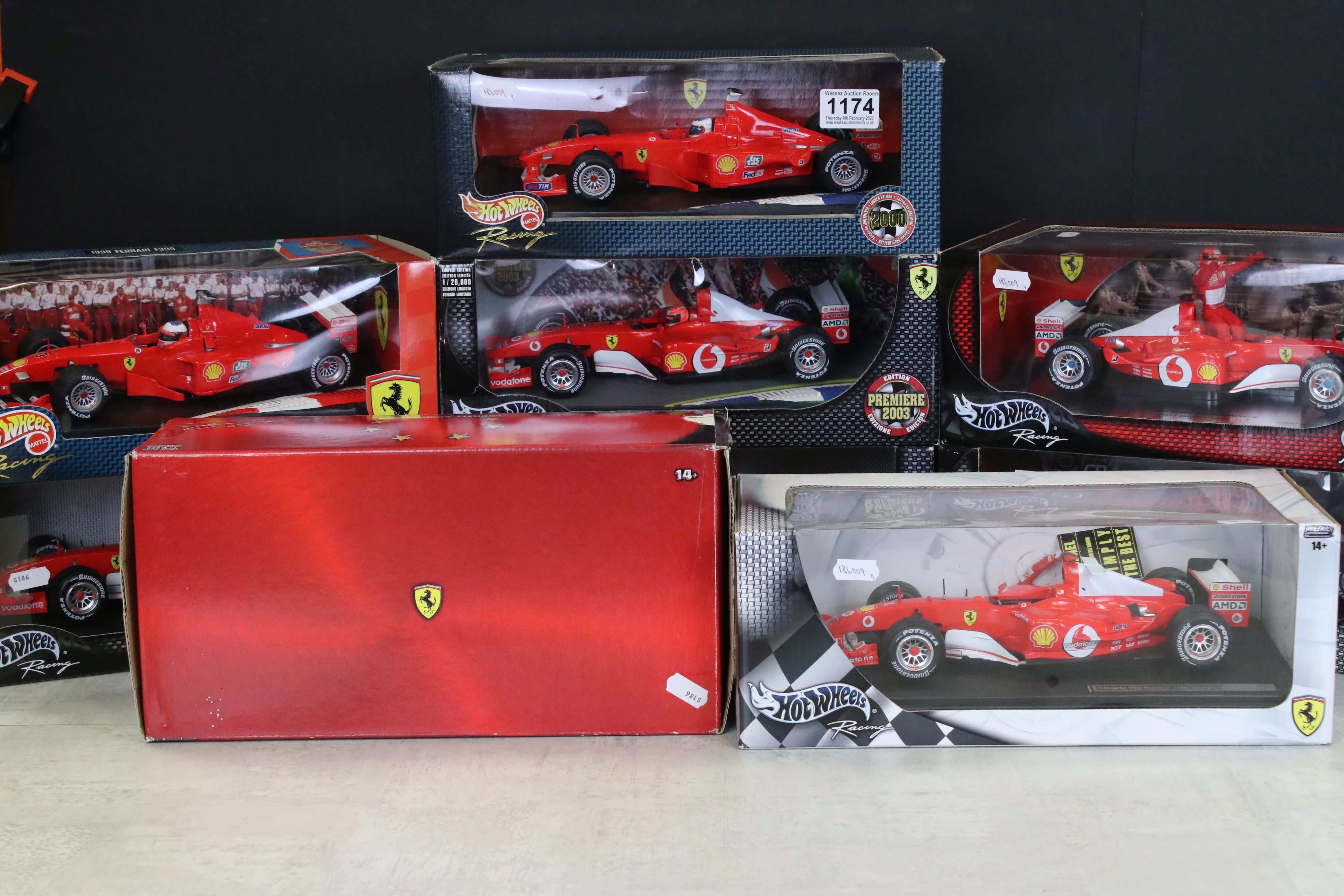 Nine boxed Mattel Hot Wheels 1/18 diecast Ferrari Formula 1 related models, to include Michael