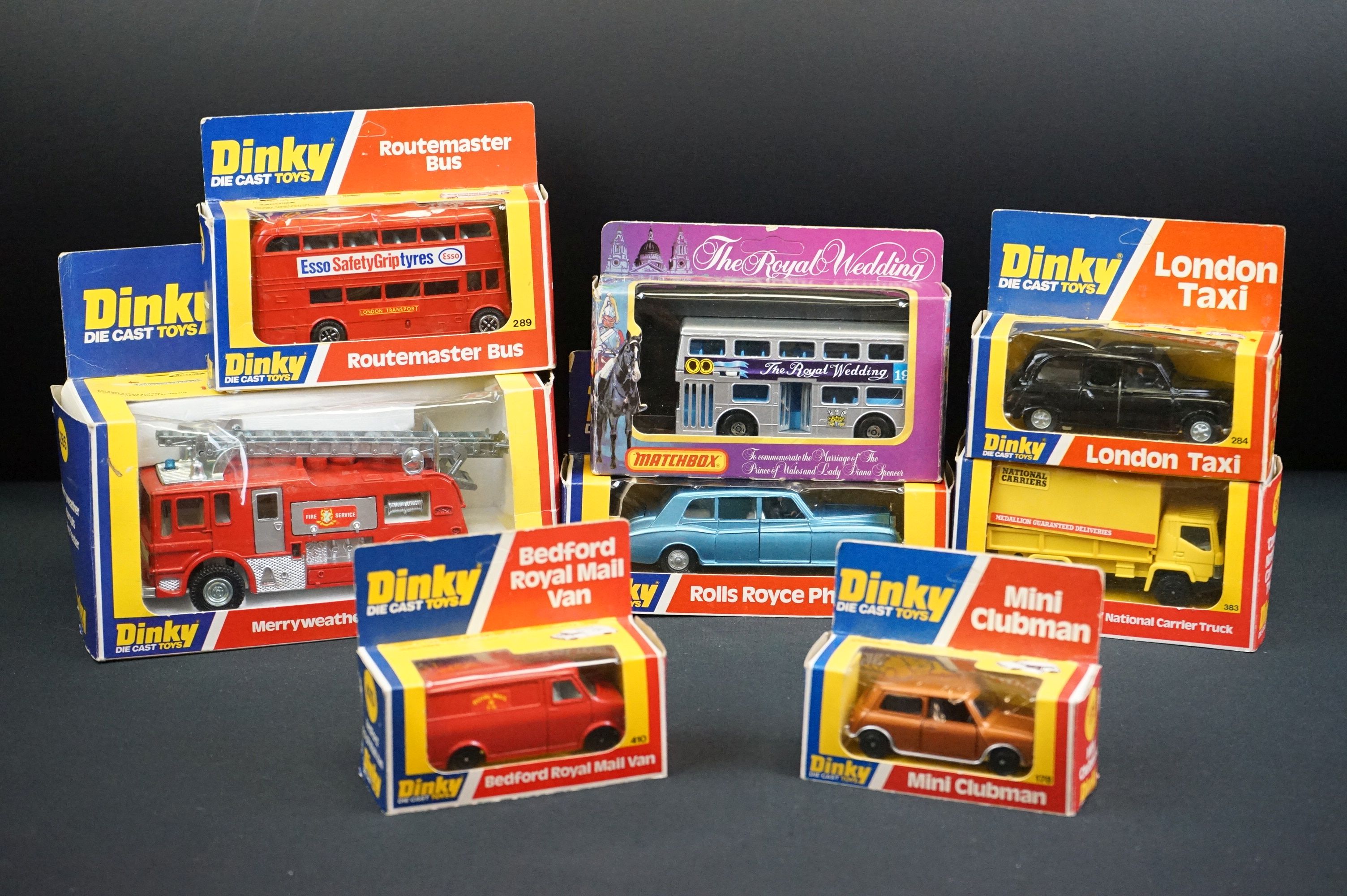 Seven Boxed Dinky diecast models to include 285 Merryweather Marquis fire Tender (minor paint