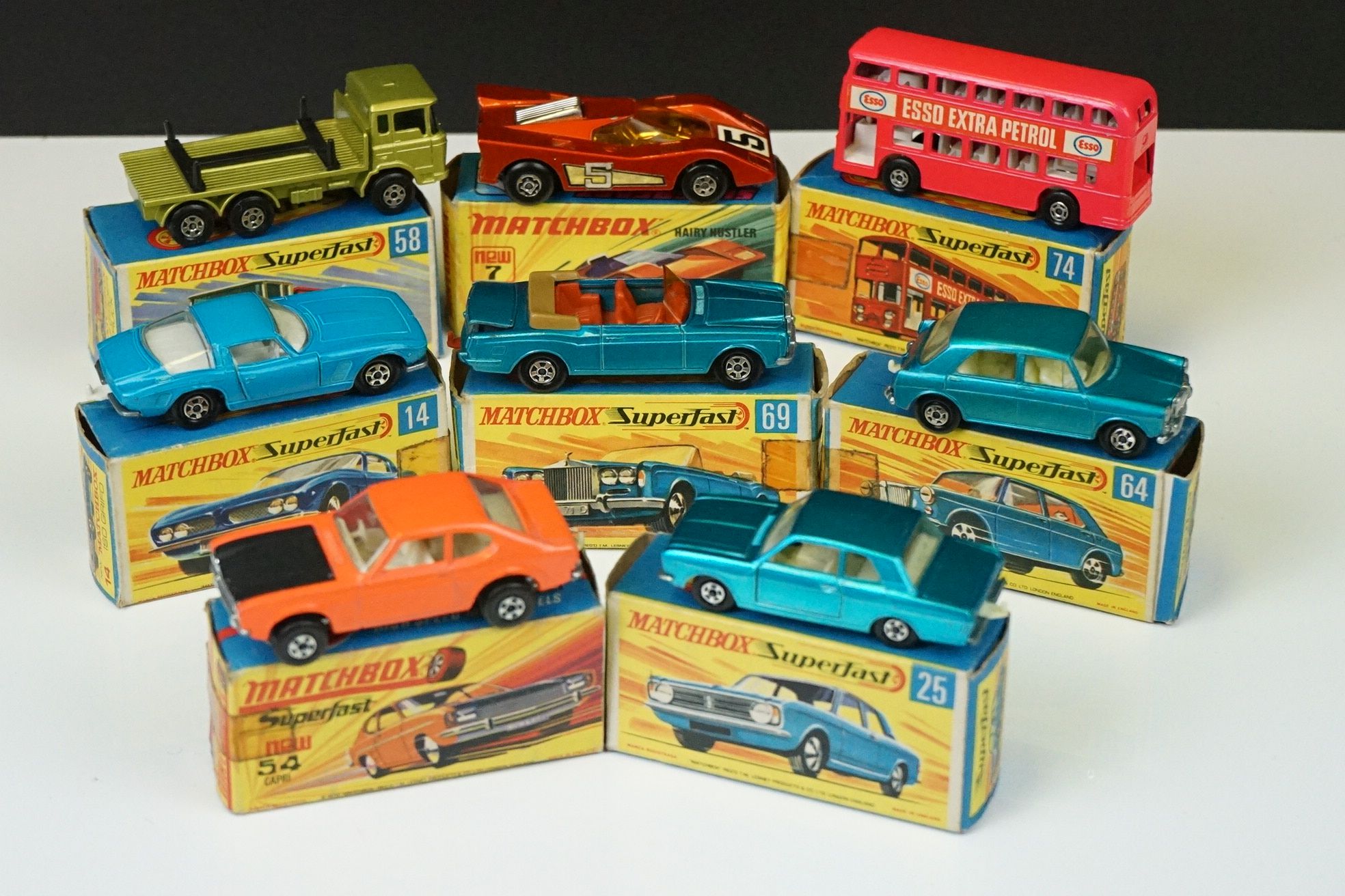 Eight boxed Matchbox Superfast diecast models to include 69 Rolls Royce Silver Shadow in metallic