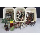 Collection of early metal play worn farming figures and accessories to include cows, horses,